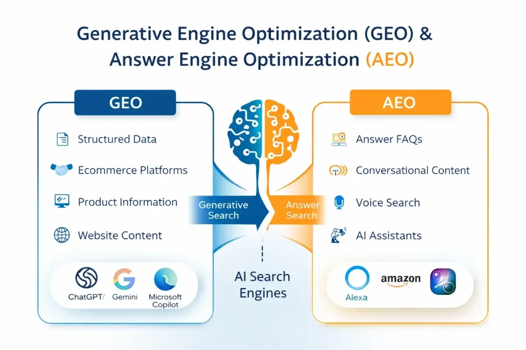GEO and AEO diagram showing generative engine optimization and answer engine optimization in AI search